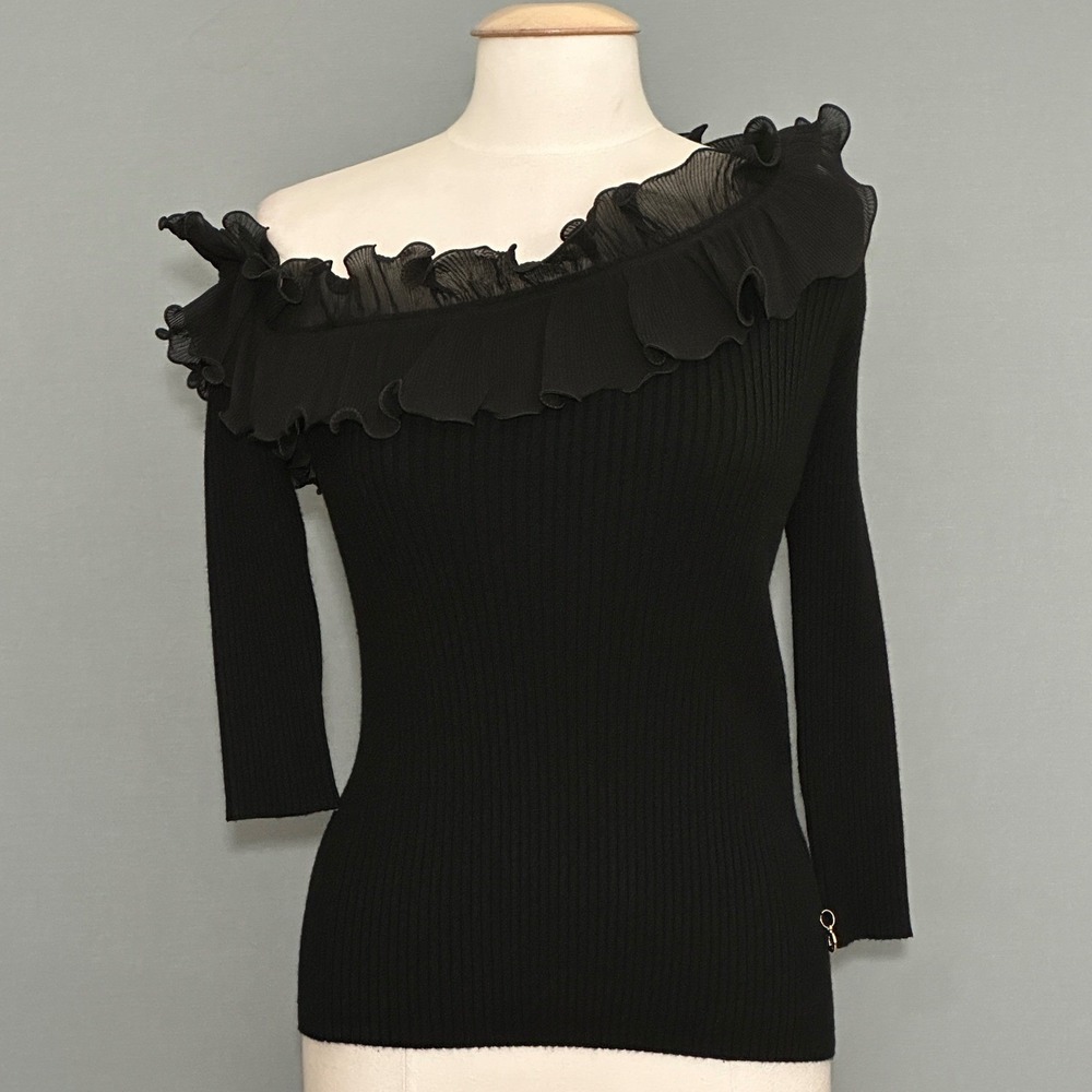 Milly Womens Sweater S Black Rib Fitted Ruffle One Shoulder Coquette Whimsical
